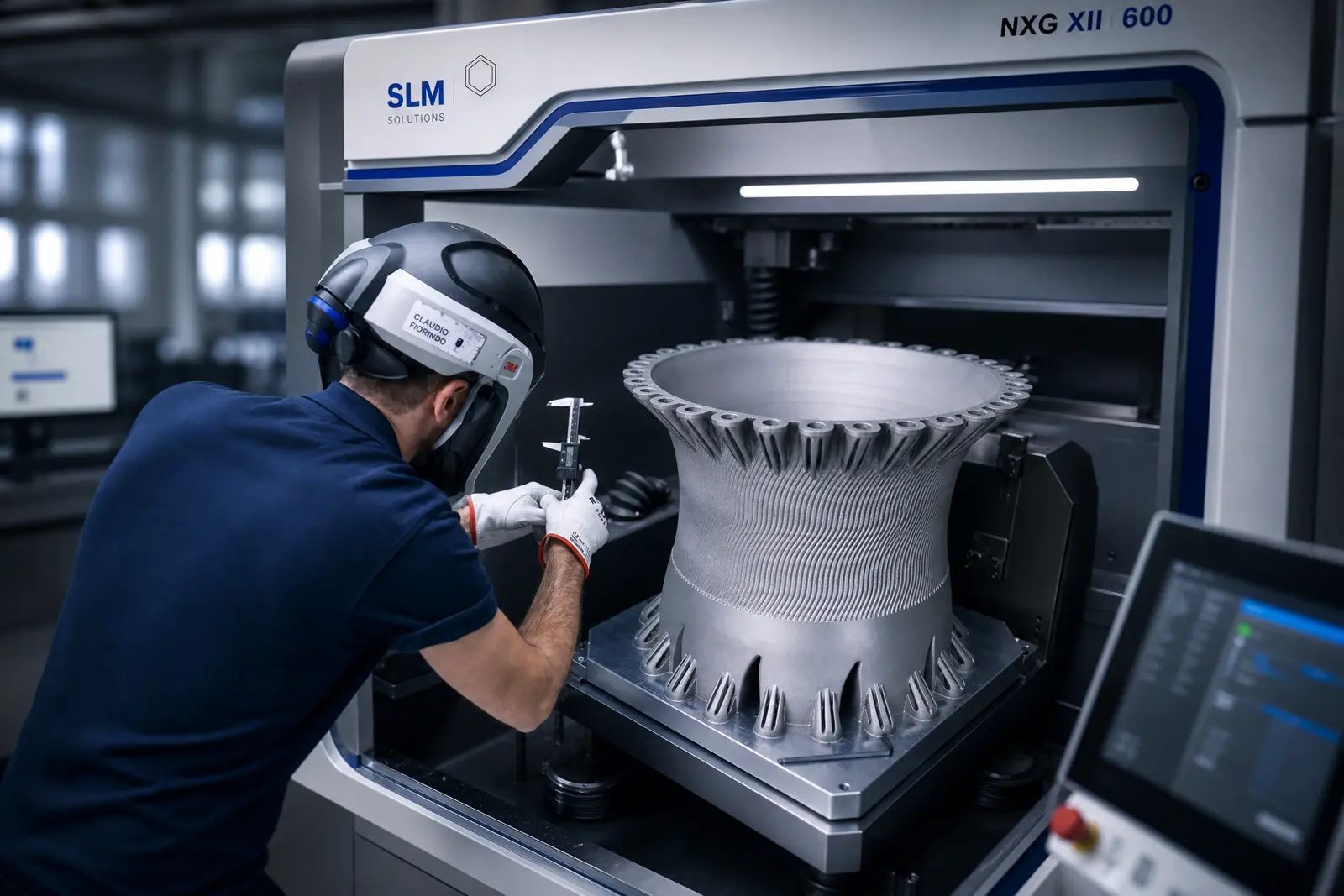 Operator with a finished part at an L-PBF machine