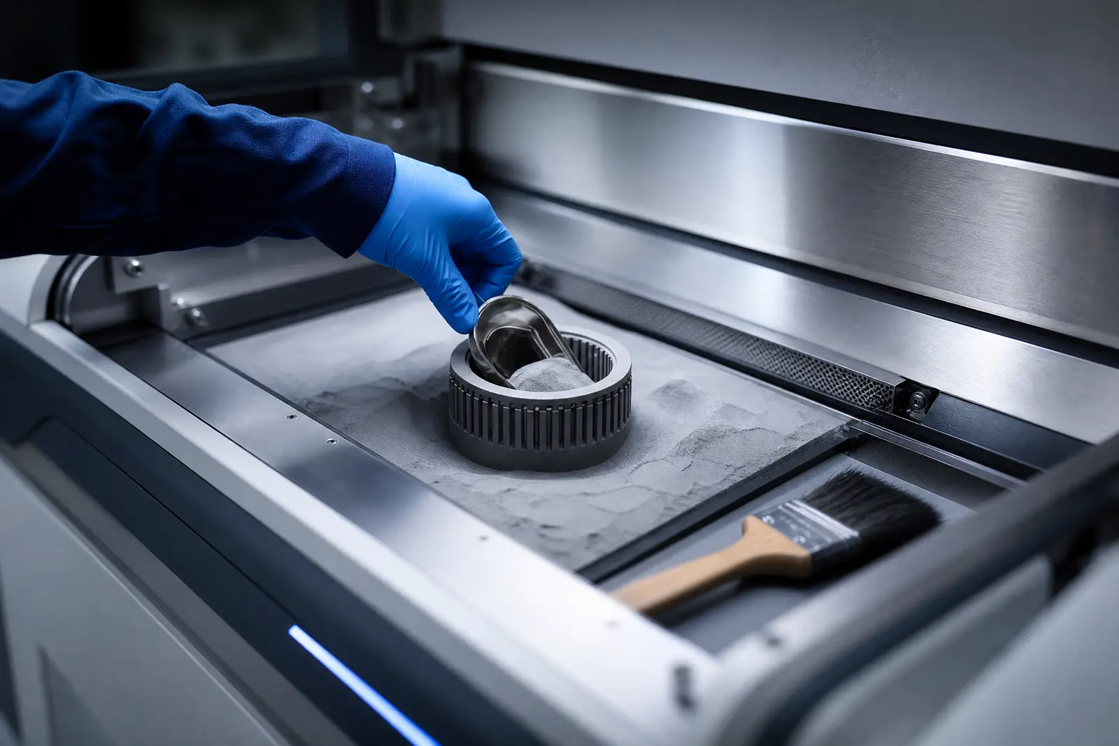 Operator placing a part onto the L-PBF powder bed