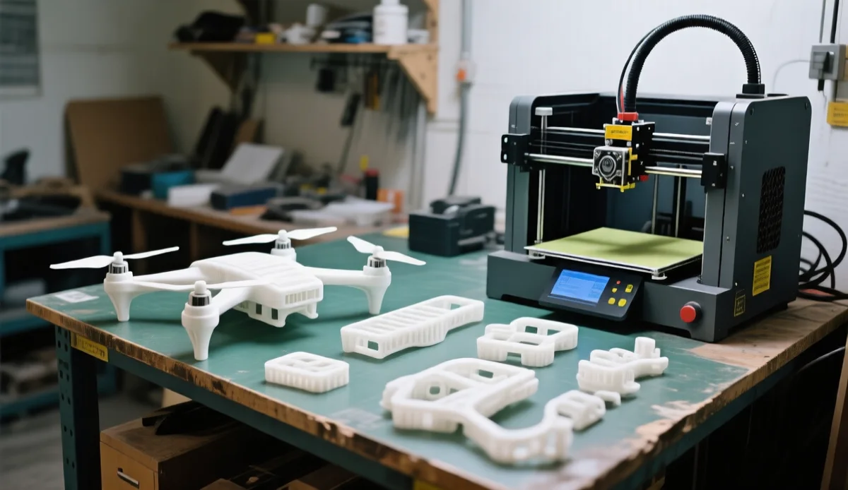 3D printed drone frame components on a workshop table with an FDM printer
