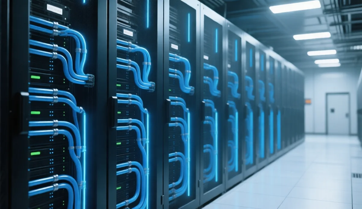Liquid cooled AI data center server racks with cold plate cooling lines