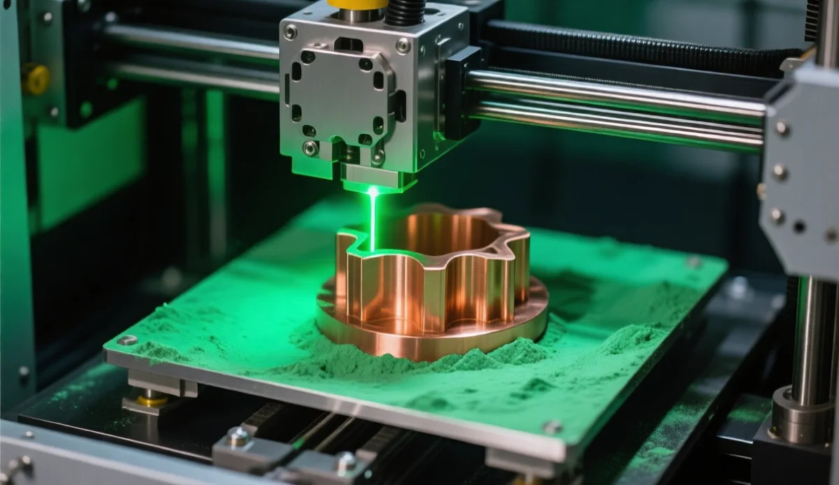 Laser powder bed fusion machine printing a copper cold plate layer by layer