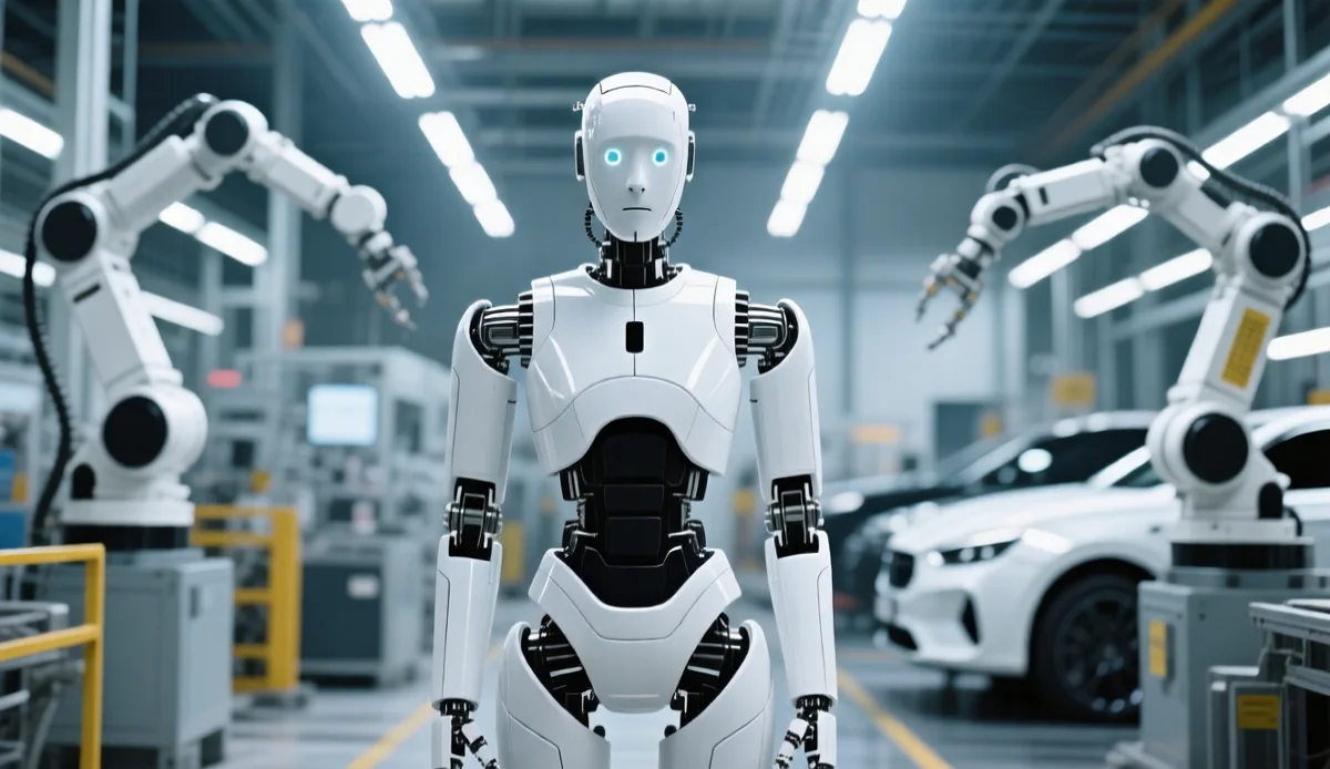 Humanoid robots enter mass production Humanoid robot standing in a modern factory environment