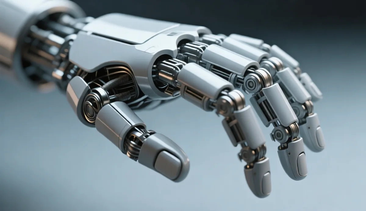 Robot hand: density of small metal parts Close-up of a robotic hand with complex lightweight metal components