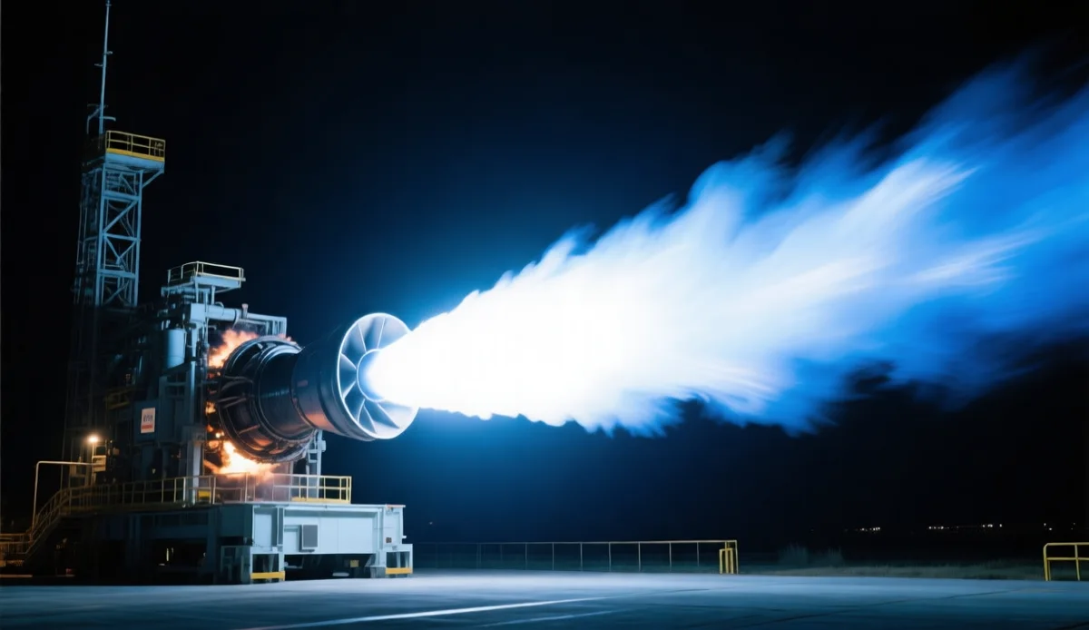 Rocket engine static fire test at night with bright exhaust plume