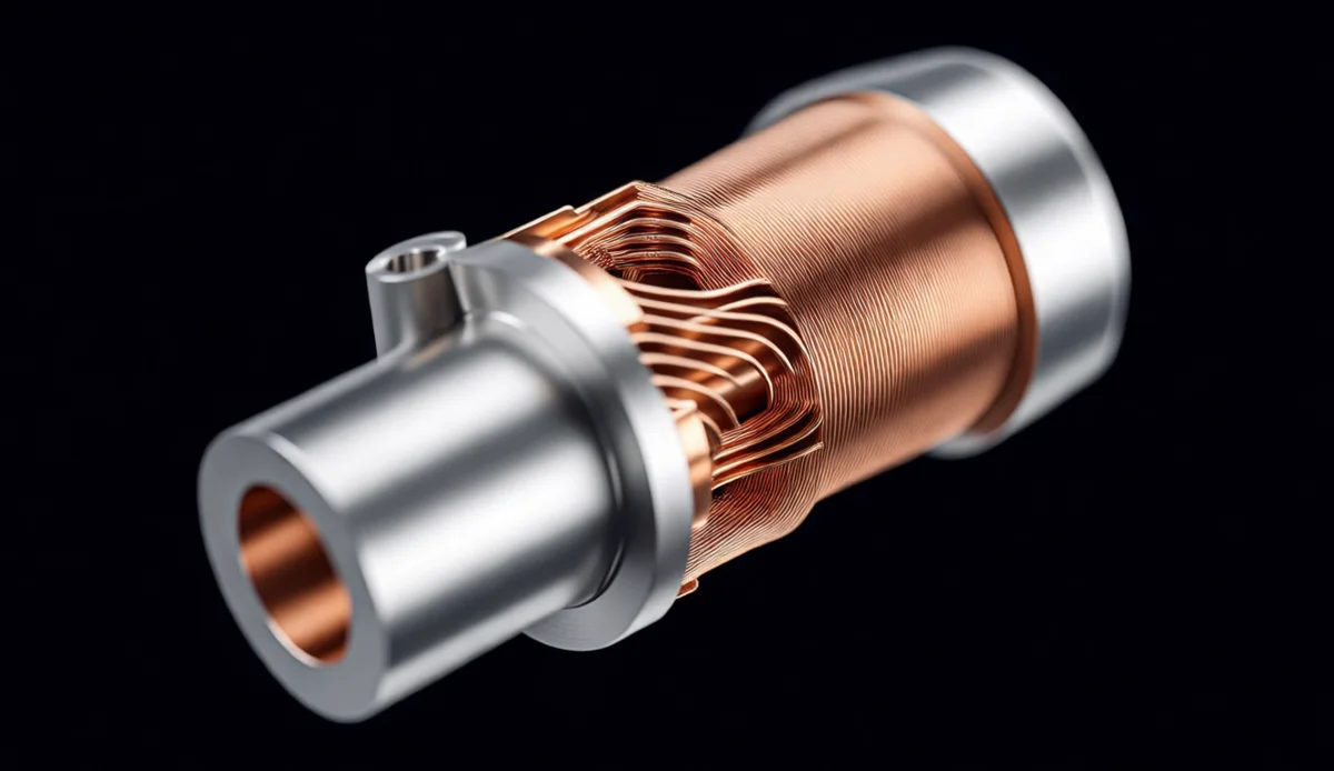 Close-up of a 3D printed rocket engine combustion chamber with integrated cooling channels