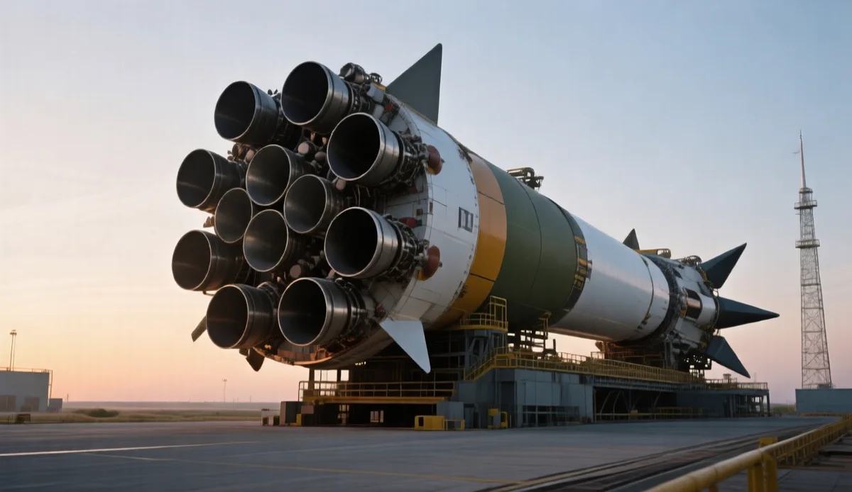 Large rocket booster with many engines on a launch pad at dawn