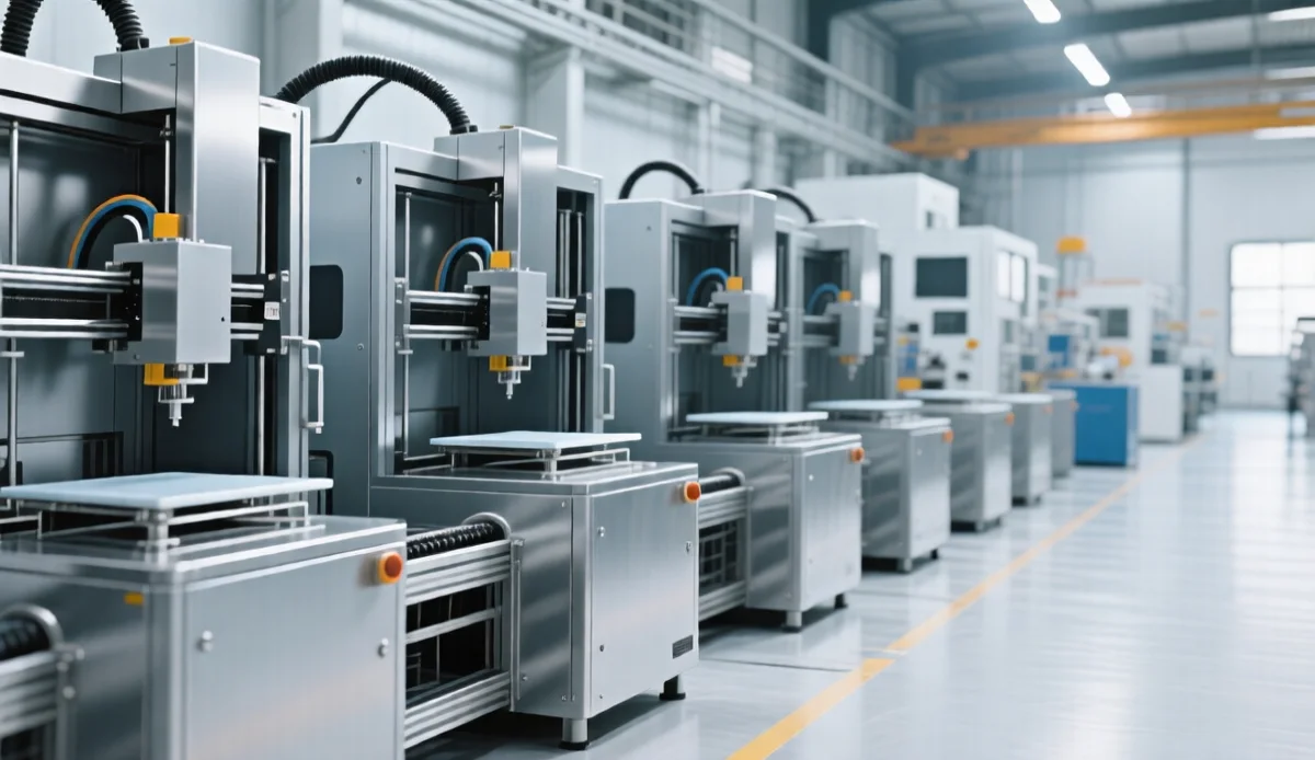 Metal AM as a production line Metal 3D printing production line with powder bed fusion machines in a factory