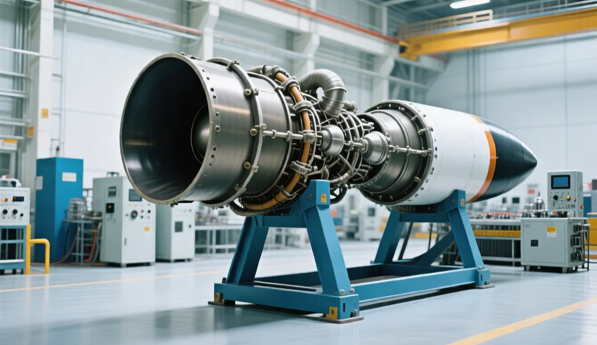 Printed rocket engine in production Rocket engine on a factory stand surrounded by production equipment